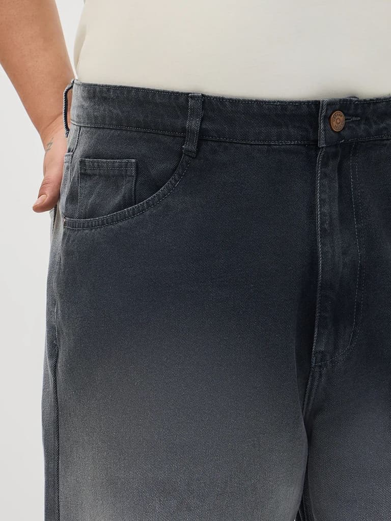 Plus Men's Dark Grey Loose Baggy Fit Heavy Washed Faded Denim Jeans Non-Stretchable — photo 5