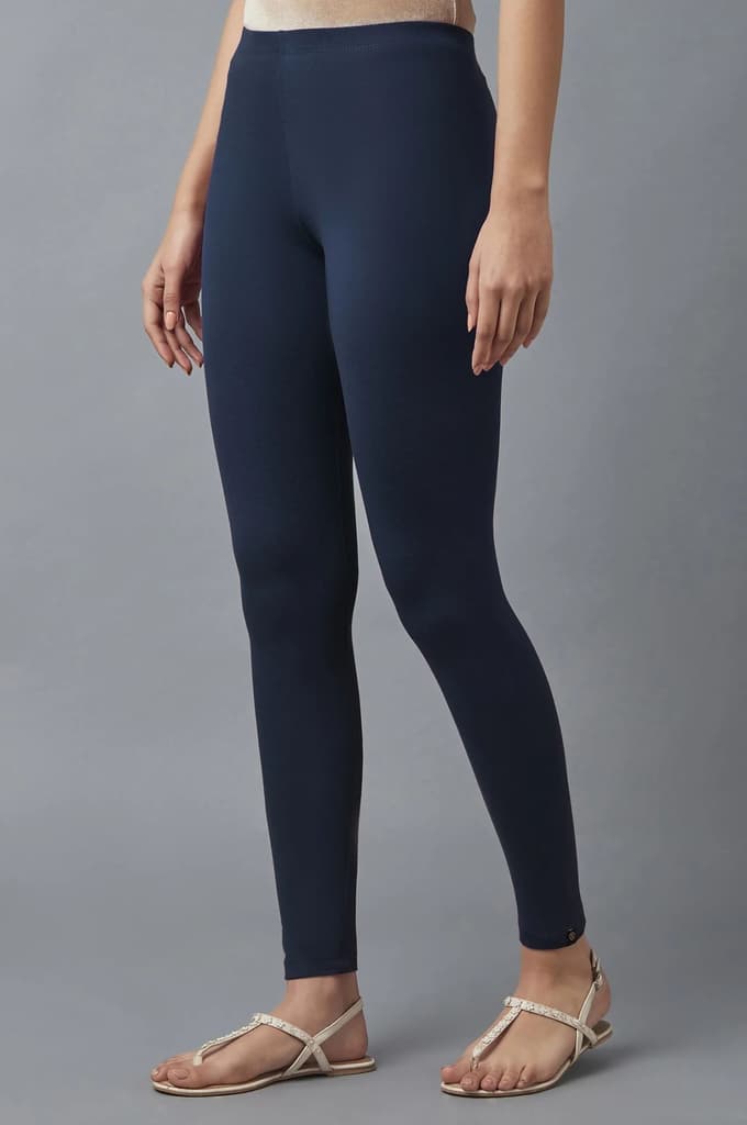 Navy Blue Solid Skinny Fit Cotton Tights With Elasticated Waist — photo 3