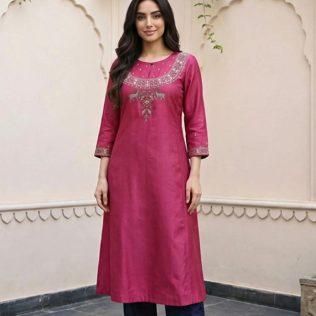 Magenta Mirror Embroidered Tussar Silk Straight Kurta