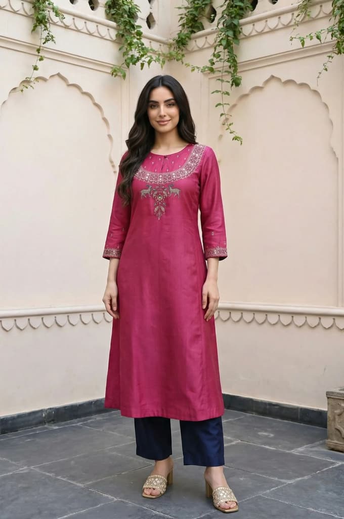 Magenta Mirror Embroidered Tussar Silk Straight Kurta — XS