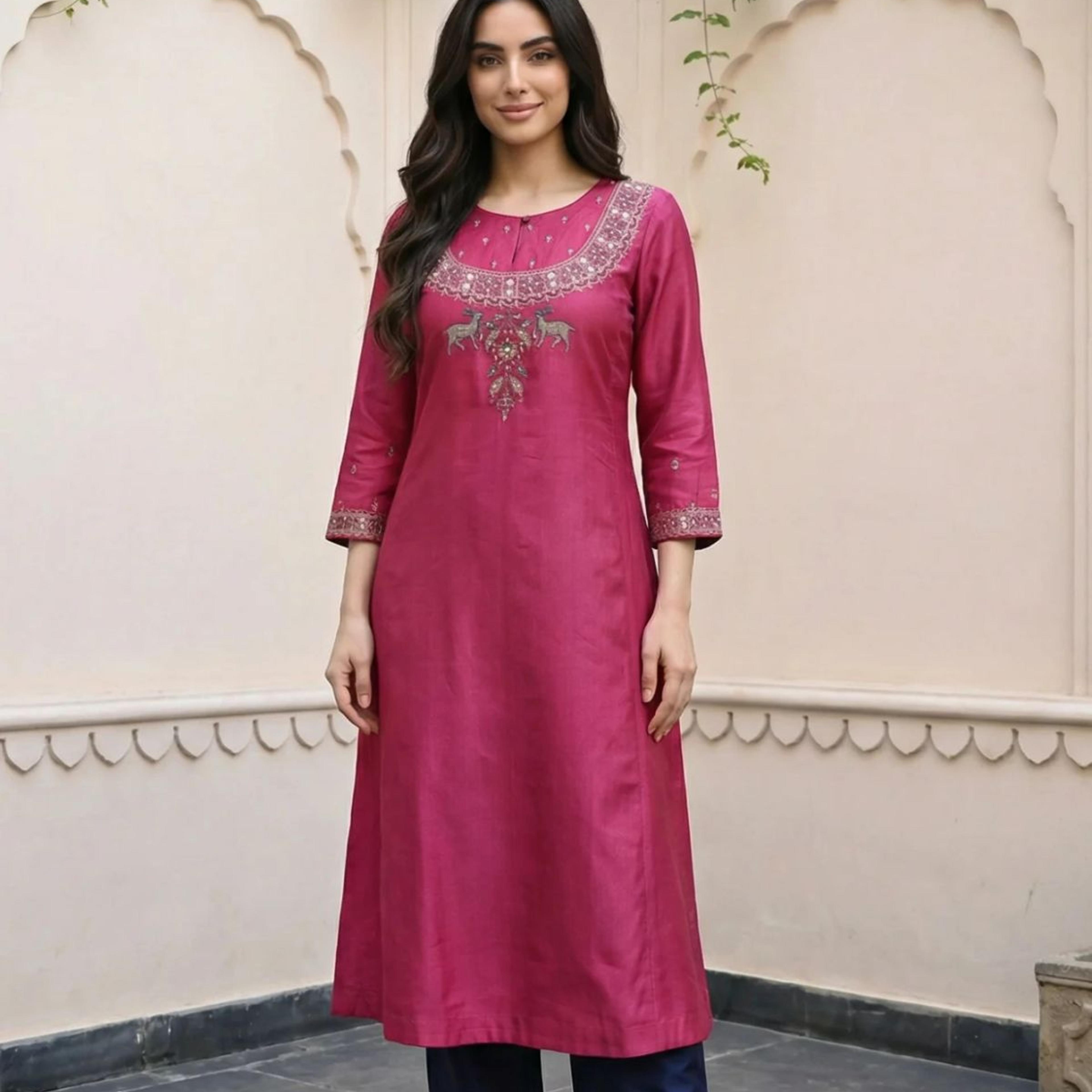Magenta Mirror Embroidered Tussar Silk Straight Kurta