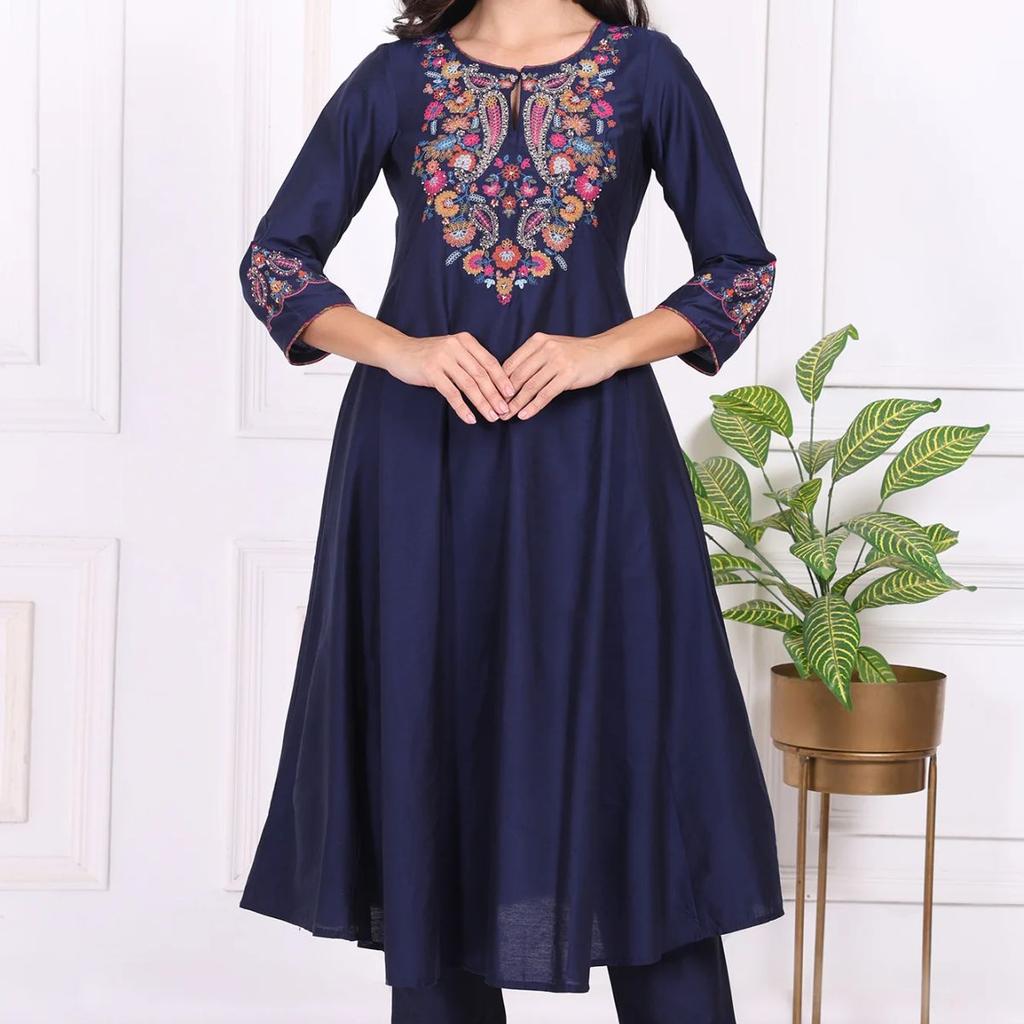 Navy Blue Embroidered Straight Kurta and Pants Co-ord Set