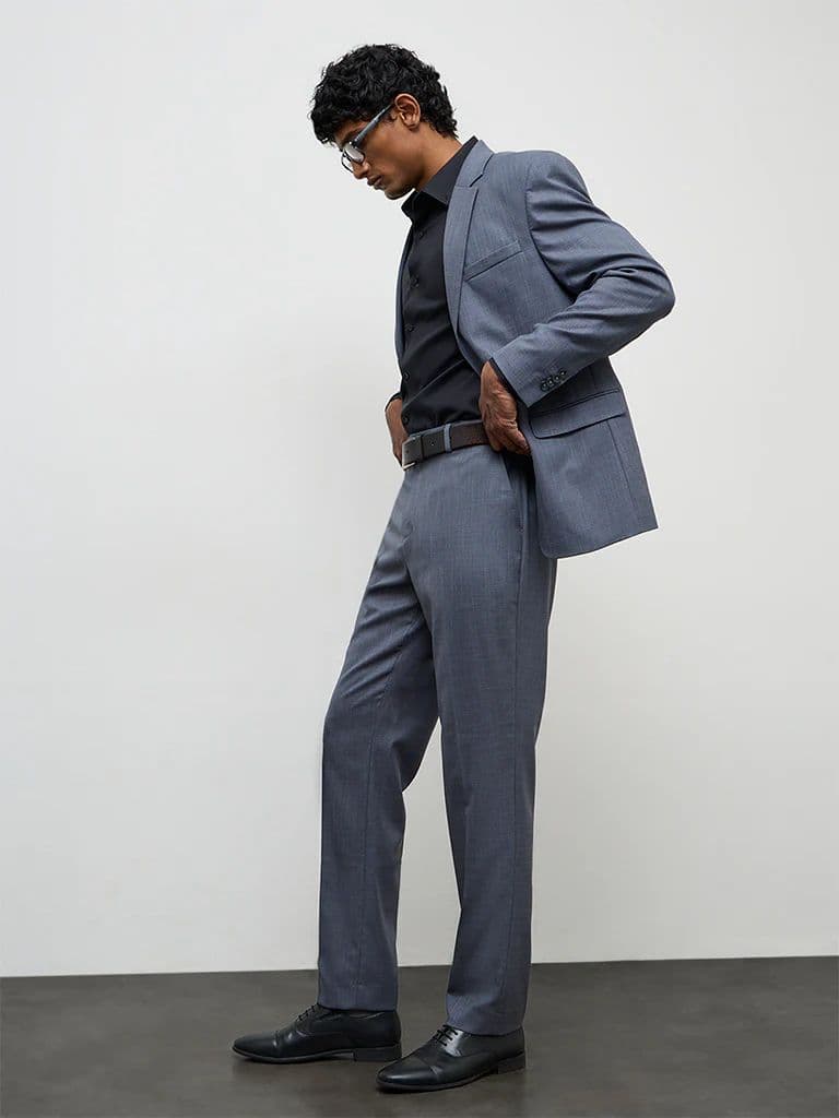 WES Formals Dark Grey Relaxed-Fit Mid-Rise Trousers
