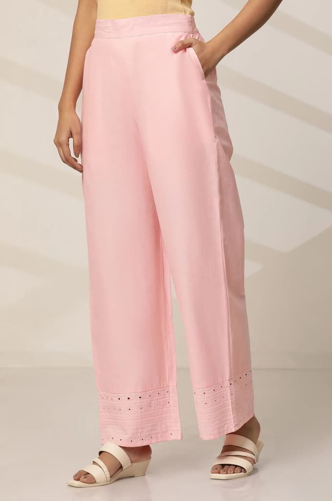 Pink Embroidered Straight Fit Cotton Palazzo With Elasticated Waist — photo 3