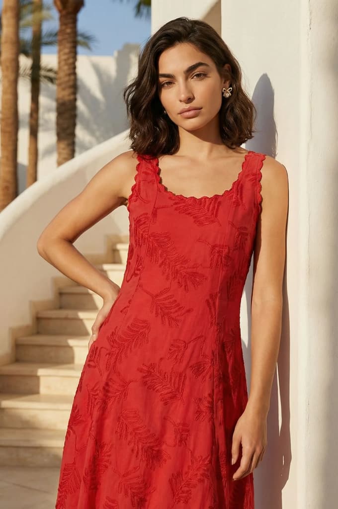 Red Thread Embroidered Pure Cotton A-line Dress — photo 3