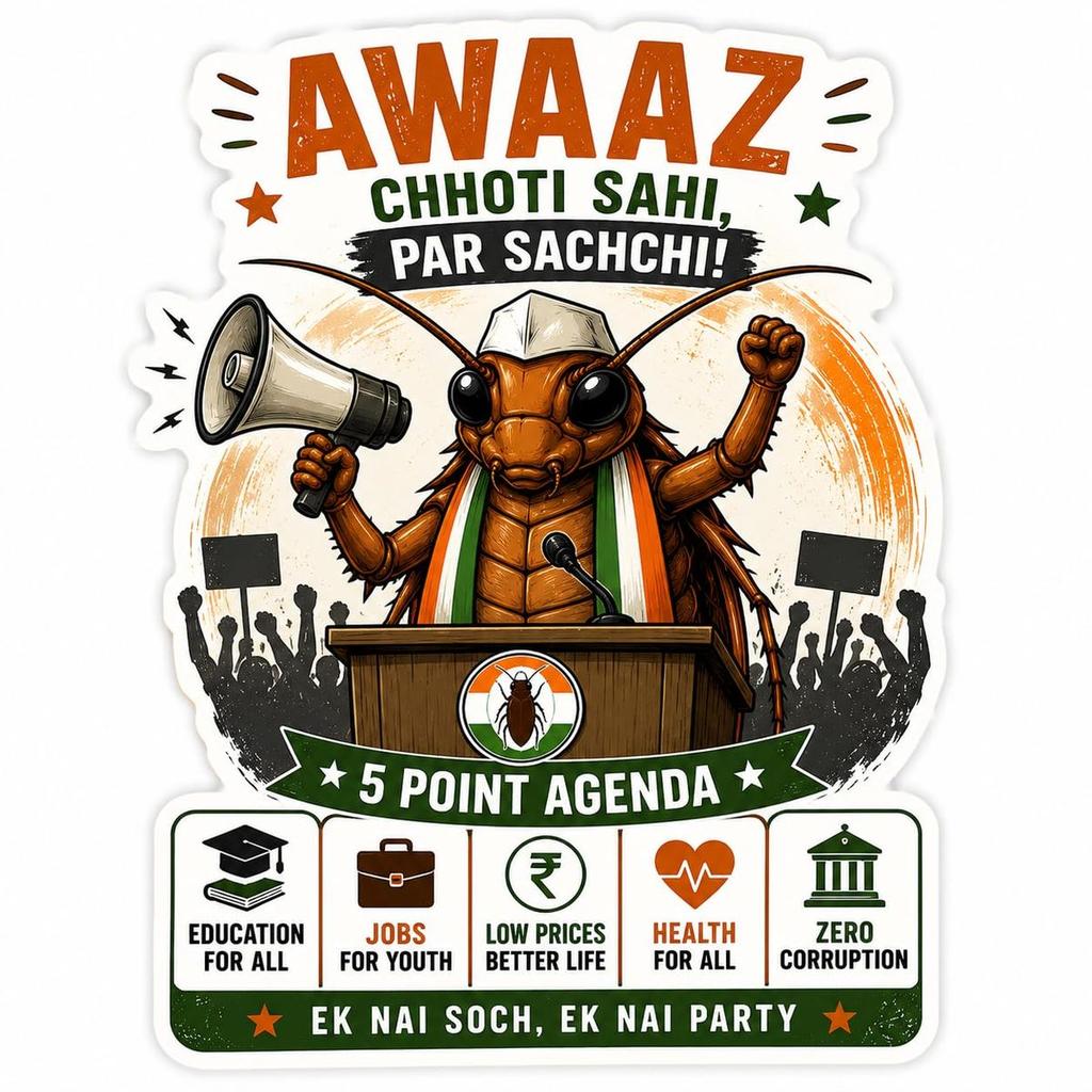 Cockroach Janta Party Premium Satire Mixed Theme Sticker | Funny Political Parody Shelf Adhesive Paper Sticker | Non Waterproof Sticker for Laptop, Car, Bike, Bottle, Notebook, Helmet & Gift (20)