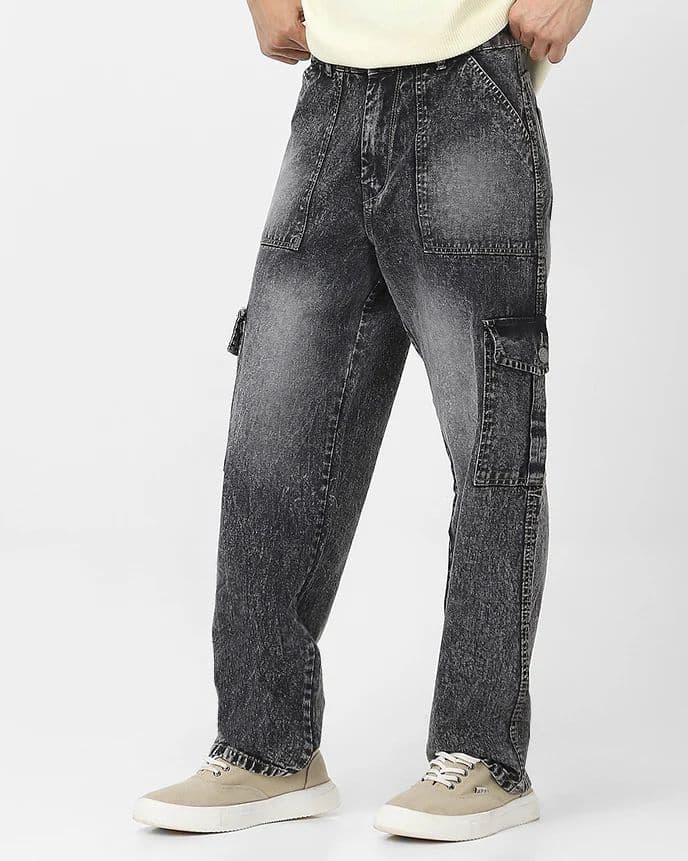 Men's Grey Loose Fit Cargo Jeans With 6 Pockets Non Stretchable — photo 2