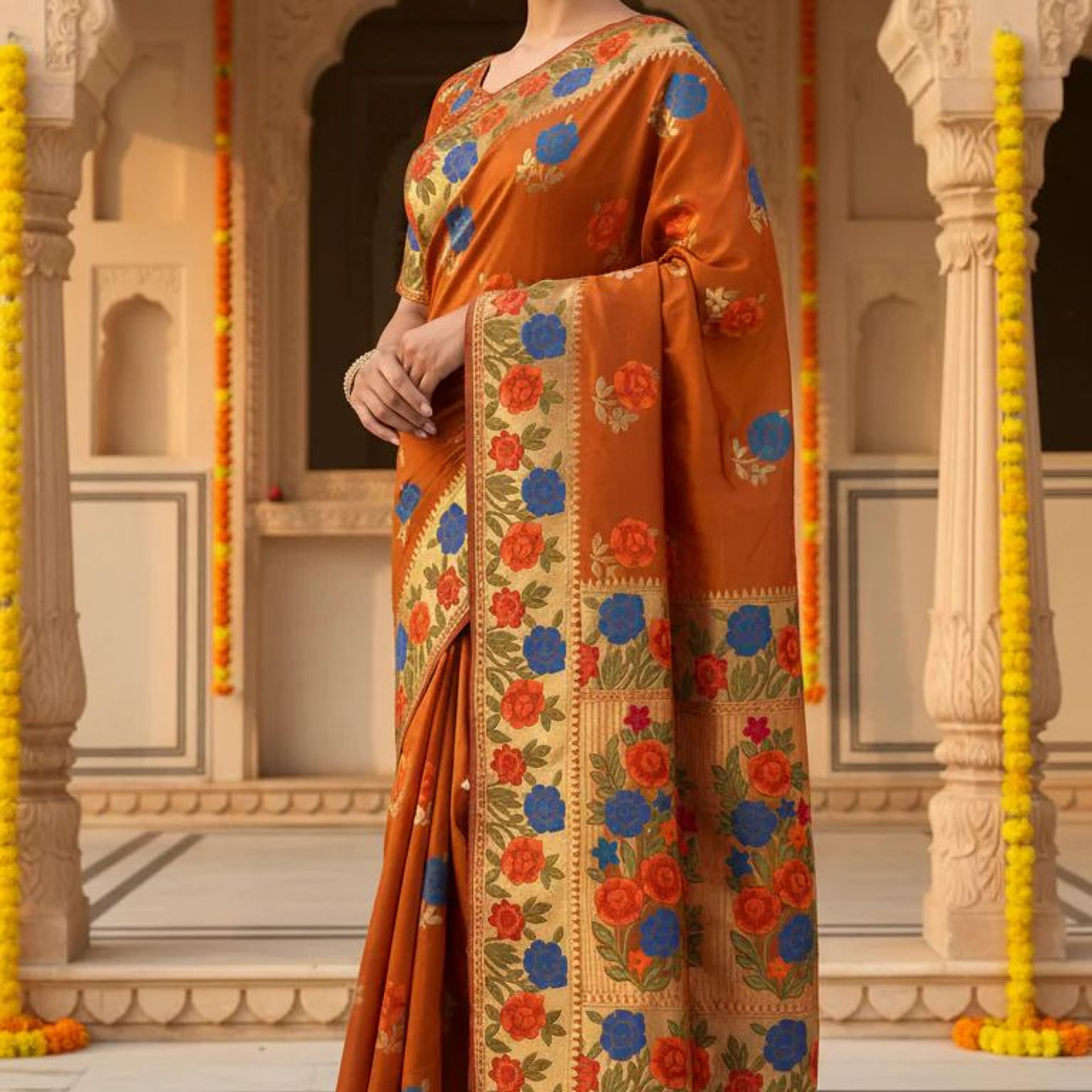 MIMOSA Women's Woven Design Paithani Style Raw Silk Saree with Blouse Piece - Mustard ( SA00003129MSFREE )
