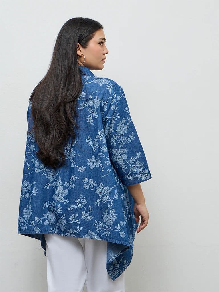 Diza Blue Floral Printed Denim Tunic — photo 4