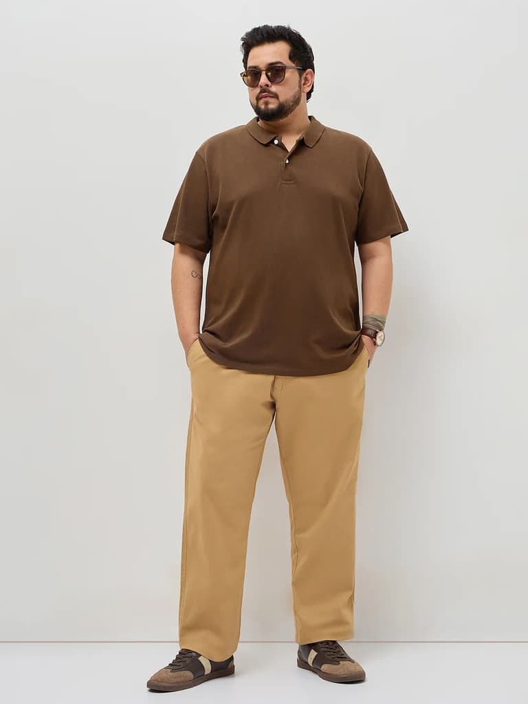 Plus Men's Dark Brown Solid Regular Fit Half Sleeve Cotton Polo T-Shirt — photo 4