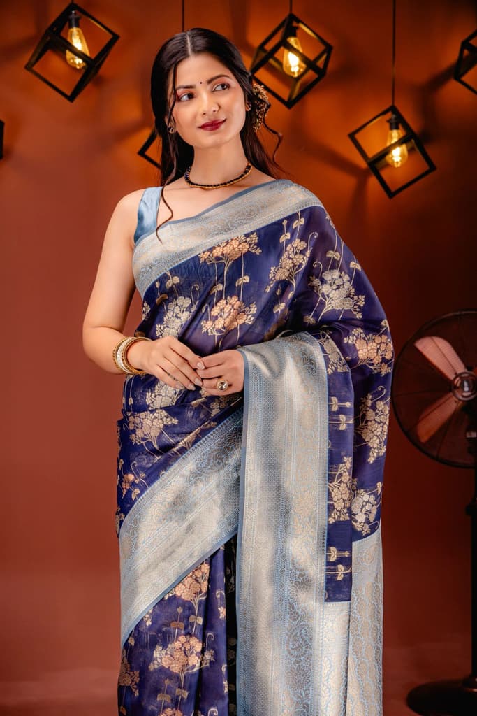 Mimosa Women's Woven Design Kanjivaram Style Art Silk Saree With Blouse Piece : SA00001736NVFREE — photo 2