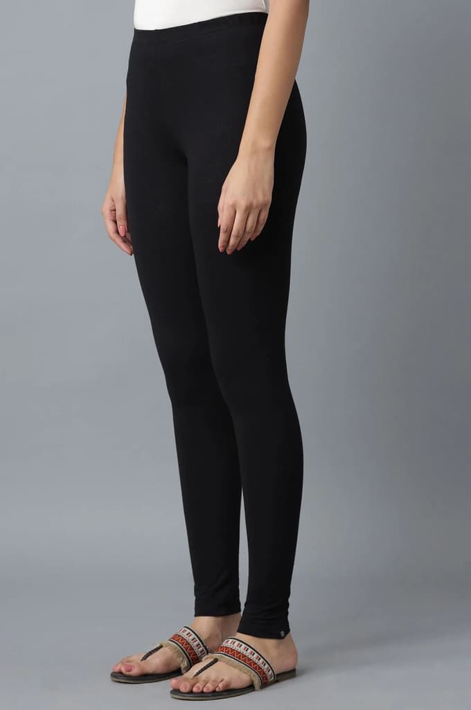 Black Solid Cotton Lycra Skinny Fit Ankle Length High Rise Leggings — photo 3