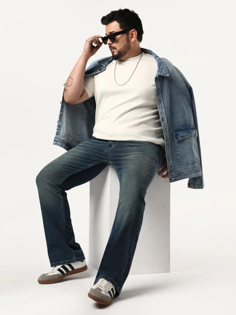 Plus Men's Light Blue Bootcut Fit Mid Rise Heavy Washed Jeans Stretchable — photo 4