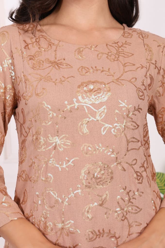 Brown Floral Printed Sequins Straight Rayon Kurta with Flared Pants Set — photo 3