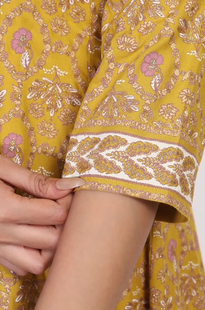Mustard Floral Printed Anarkali Rayon Kurta — photo 7