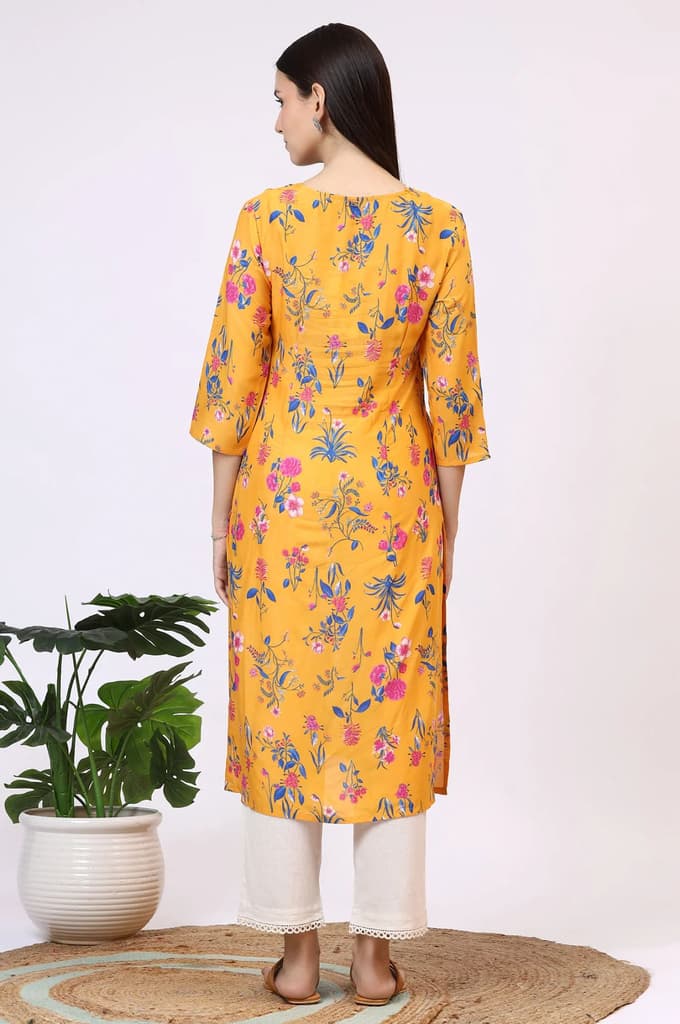 Yellow Floral Printed Modal Straight Kurta with Lace — photo 6