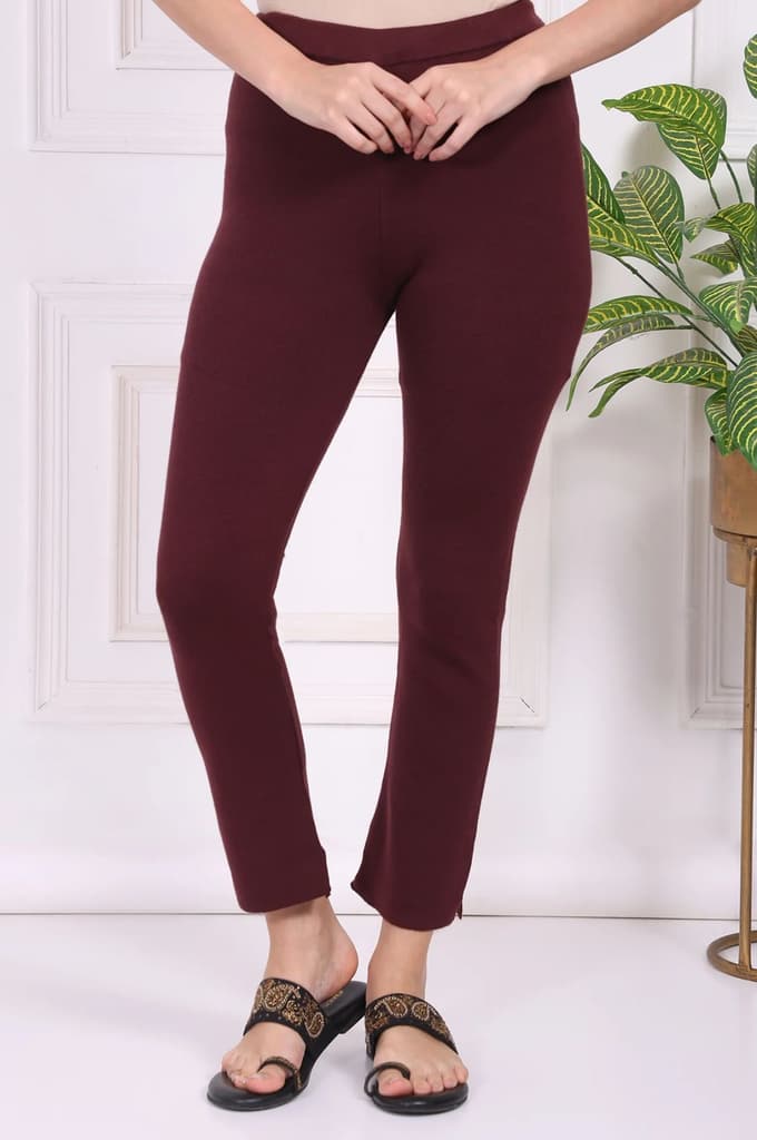 Maroon Solid Blend Ankle Length Slim Fit Straight Pants — S