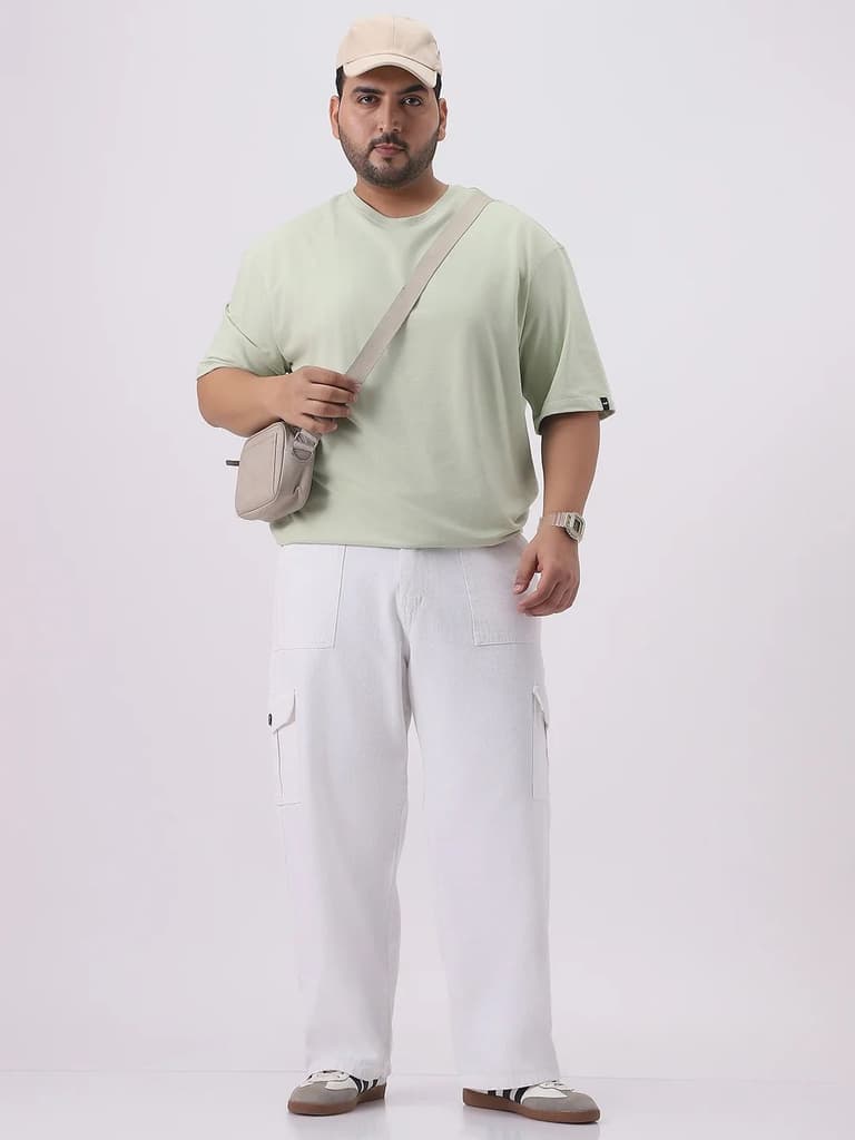 Plus Men White Mid Rise Loose Baggy Fit Cargo Jeans with 6 Pockets Non-Stretchable — photo 4