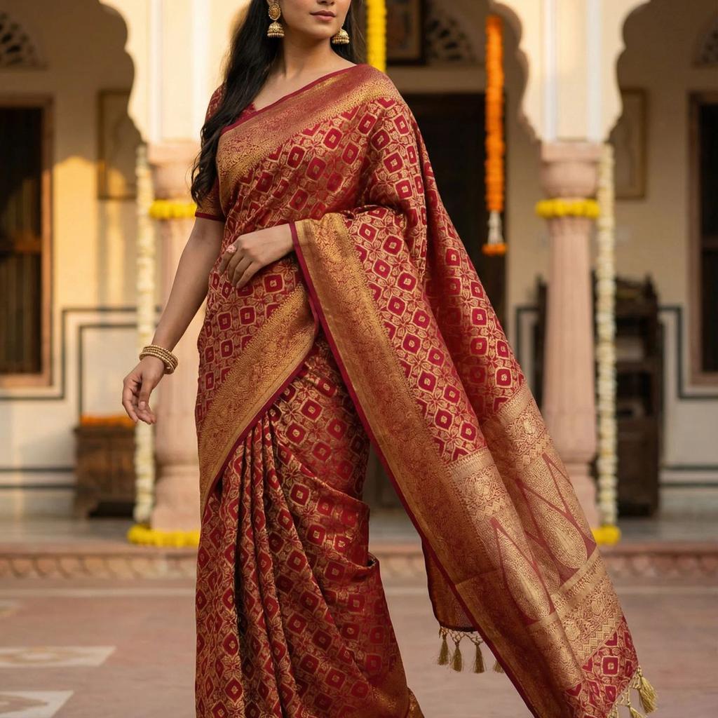 MIMOSA Women's Woven Design Banarasi Style Raw Silk Saree with Blouse Piece - Maroon ( SA00003131MRFREE )