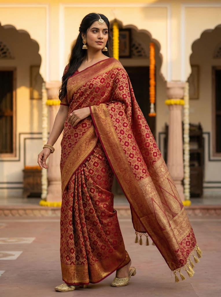 MIMOSA Women's Woven Design Banarasi Style Raw Silk Saree with Blouse Piece - Maroon ( SA00003131MRFREE ) — Default Title