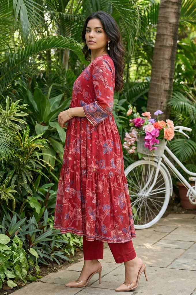 Red Floral Printed Chiffon Flared Kurta with Straight Pants and Dupatta Set — photo 4