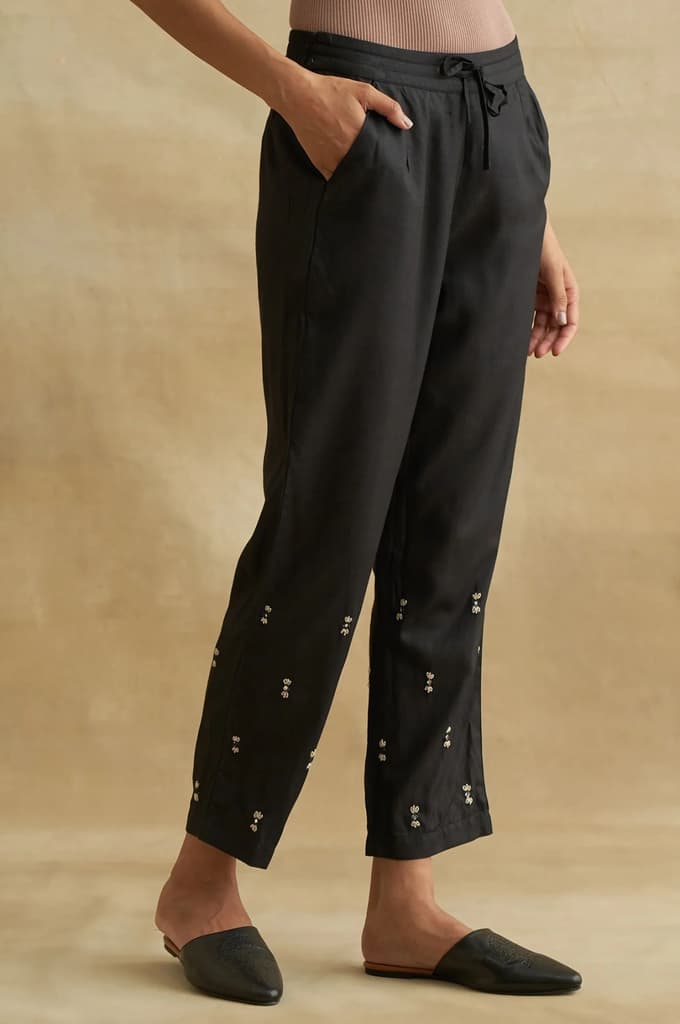Black Thread Embroidered Silk Tussar Straight Pants — photo 4