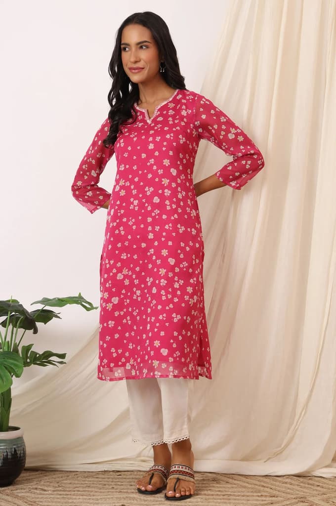 Pink Floral Printed Organza Straight Kurta — photo 2
