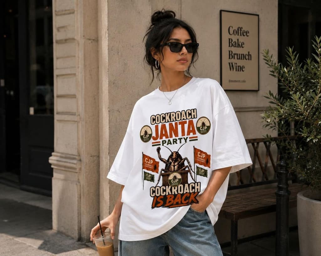 Oversized T-Shirt for Men & Women | 190 GMS Cotton Bio Washed Tee | Trendy T-Shirt for Unisex | Cockroach Janta Party Tshirt | — White