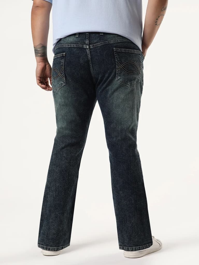 Plus Men's Dark Blue Bootcut Fit Mid Rise Tinted Heavy Washed Jeans Stretchable — photo 4