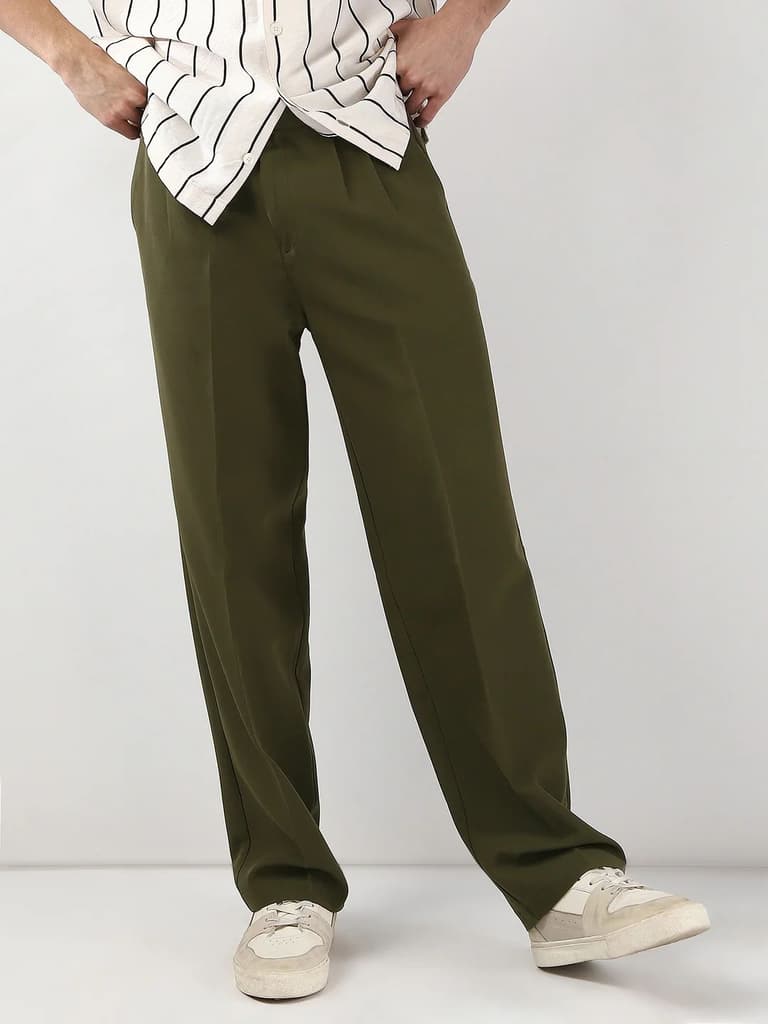 Men's Dark Olive Loose Baggy Fit Solid Korean Trousers Stretchable — photo 2