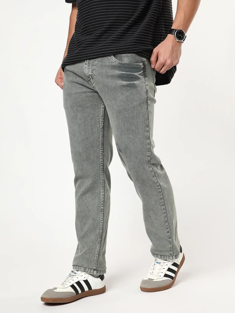 Men's Light Grey Regular Fit Acid Washed Denim Jeans Stretchable — photo 2