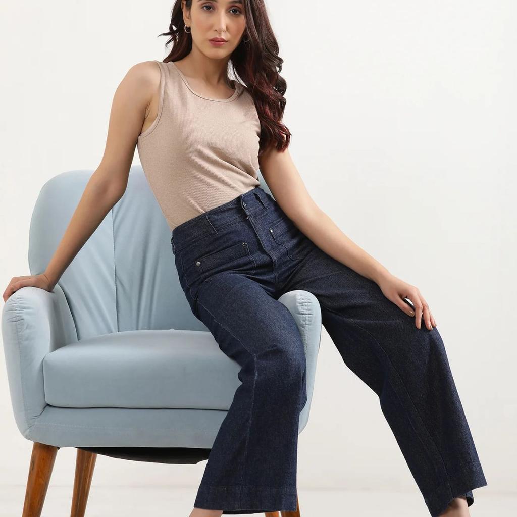 Dark Blue Denim Flared Pants