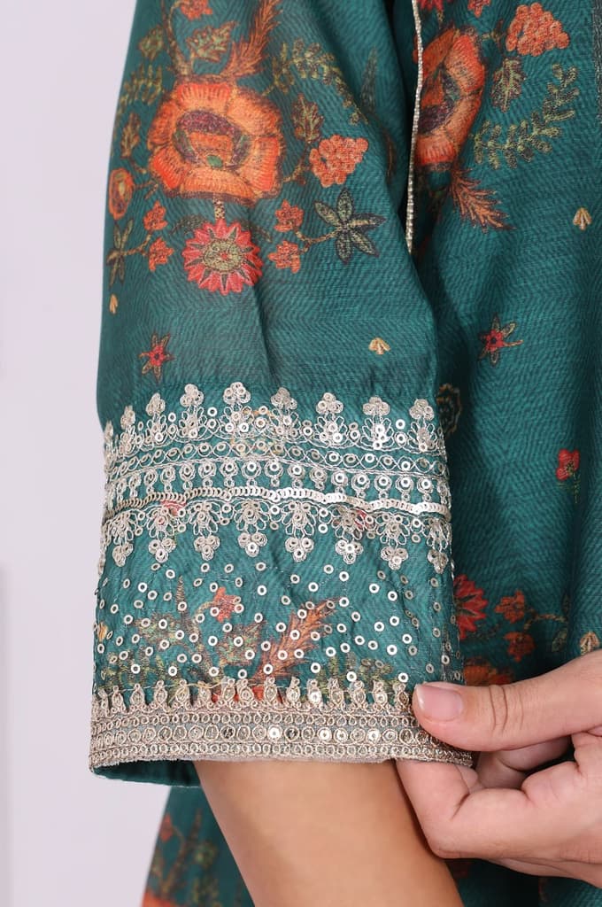 Green Floral Printed Sequined Flared Kurta, Straight Pants and Dupatta Set — photo 7