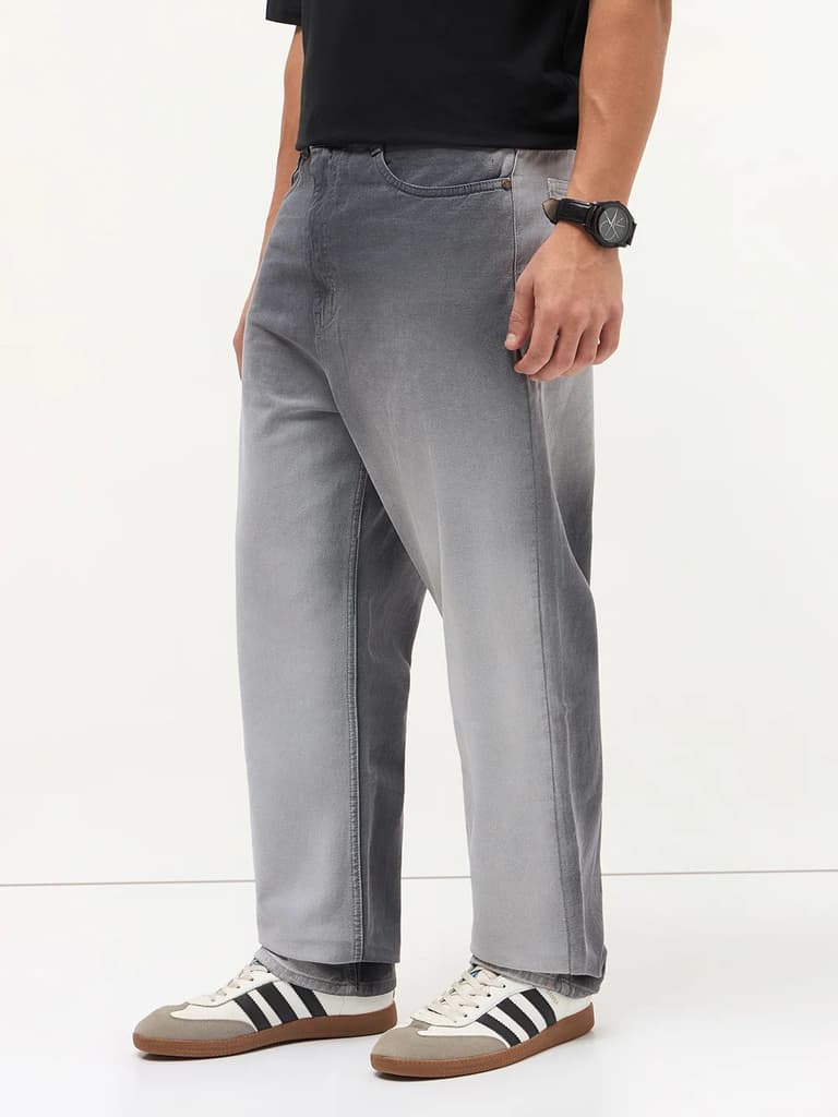 Men's Grey Loose Baggy Fit Heavy Washed Faded Denim Jeans Non-Stretchable — photo 3