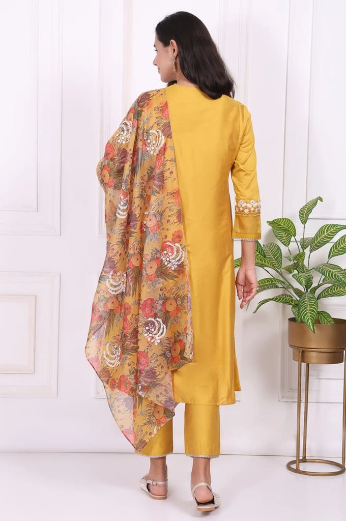 Yellow Embroidered Straight Kurta, Pants and Dupatta Set — photo 5