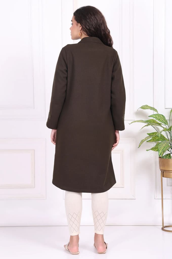 Olive Solid Embroidered Straight Coat — photo 4
