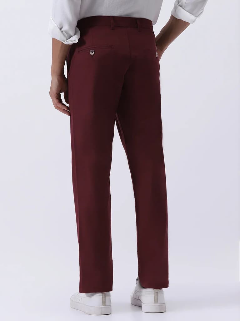 Men's Dark Maroon Cotton Regular Fit Casual Chinos Trousers Stretch — photo 4