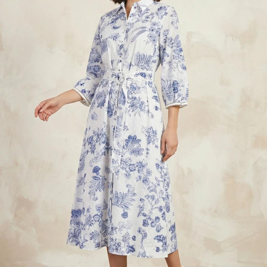 White Floral Printed Pure Cotton A-line Shirt Dress with Fabric Belt