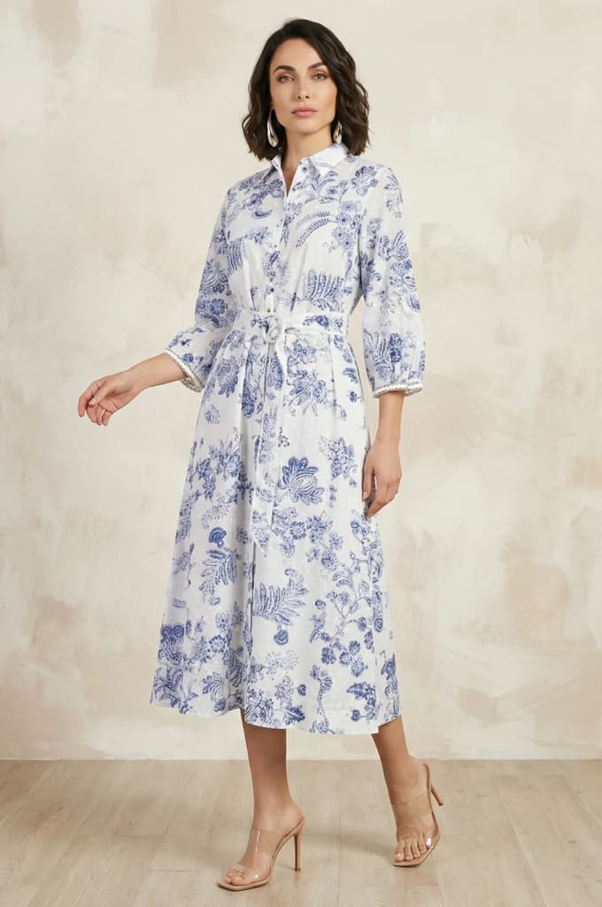 White Floral Printed Pure Cotton A-line Shirt Dress with Fabric Belt — XS