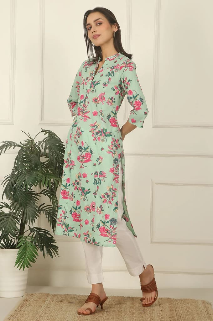 Mint Green Floral Printed Cotton Straight Kurta — photo 5