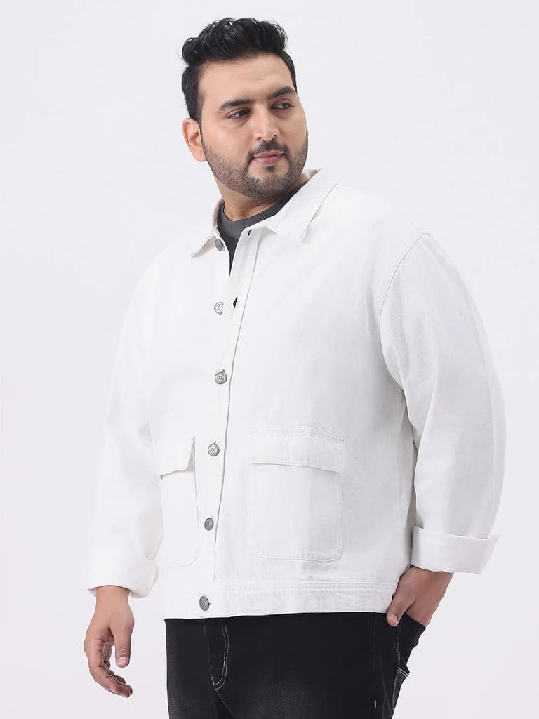 Plus Men's White Relaxed Fit Full Sleeve Utility Denim Jacket — photo 3