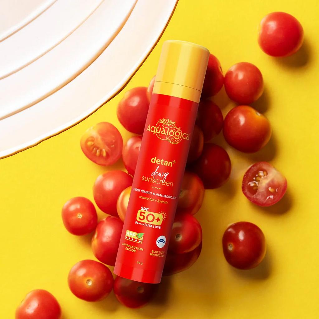Detan+ Dewy Sunscreen In-Vivo Tested SPF 50+ PA++++ with Cherry Tomato & HA - 50 g