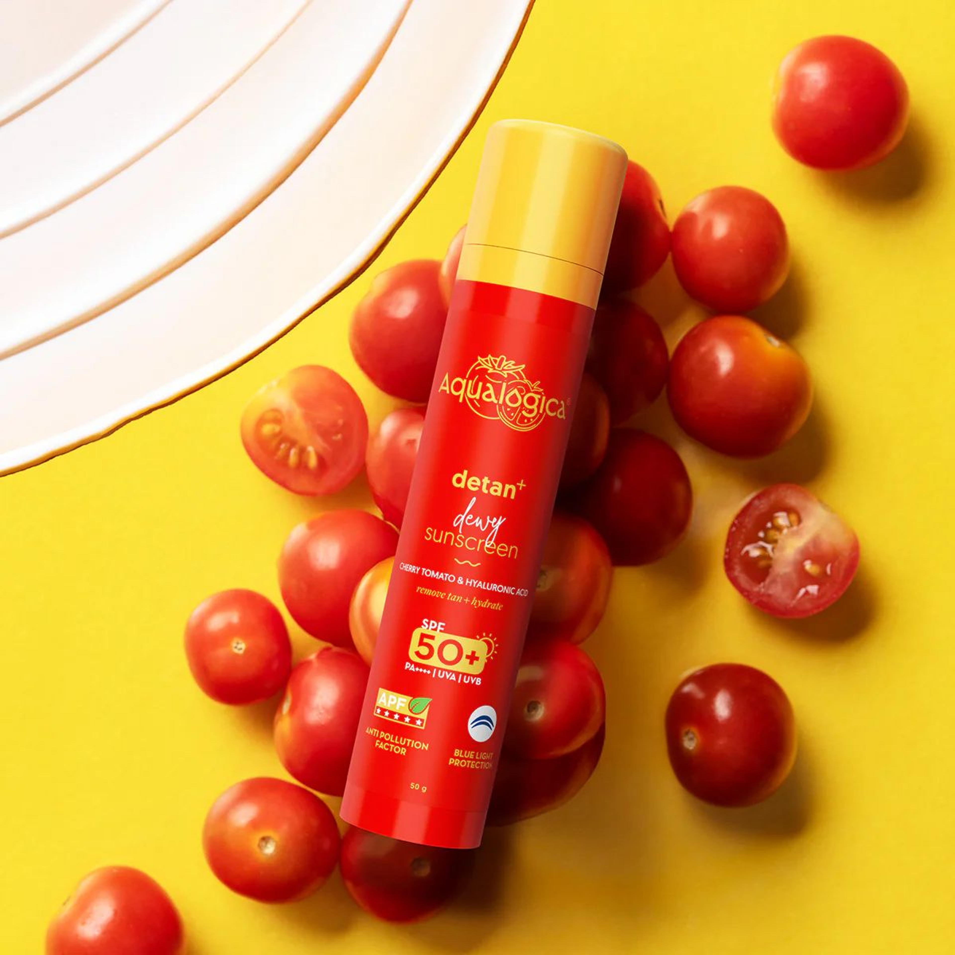 Detan+ Dewy Sunscreen In-Vivo Tested SPF 50+ PA++++ with Cherry Tomato & HA - 50 g