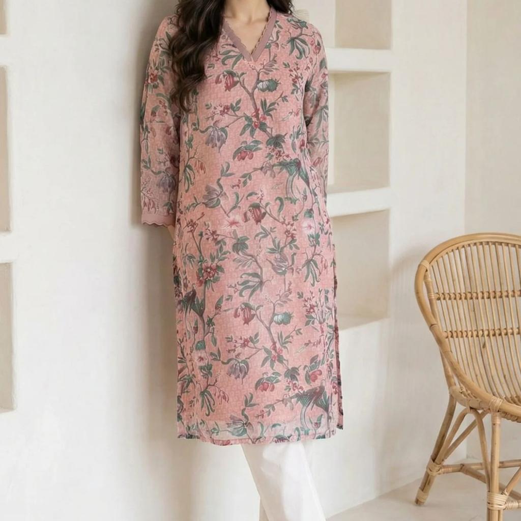 Pink Floral Printed Lace Chiffon Straight Kurta