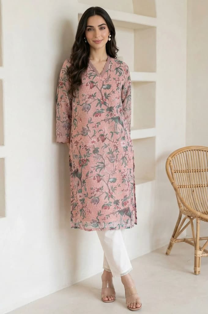Pink Floral Printed Lace Chiffon Straight Kurta — XS