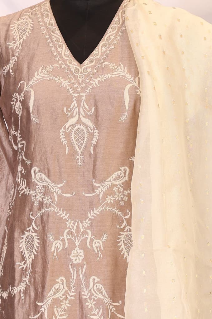 Brown Embroidered Cotton Blend Straight Kurta with Pants and Dupatta Set — photo 2