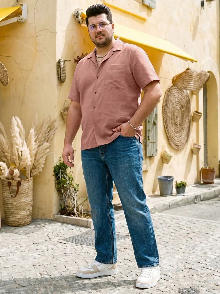 Plus Men's Dusty Pink Linen Half Sleeve Oversized Fit Shirt with Cuban Collar — photo 4