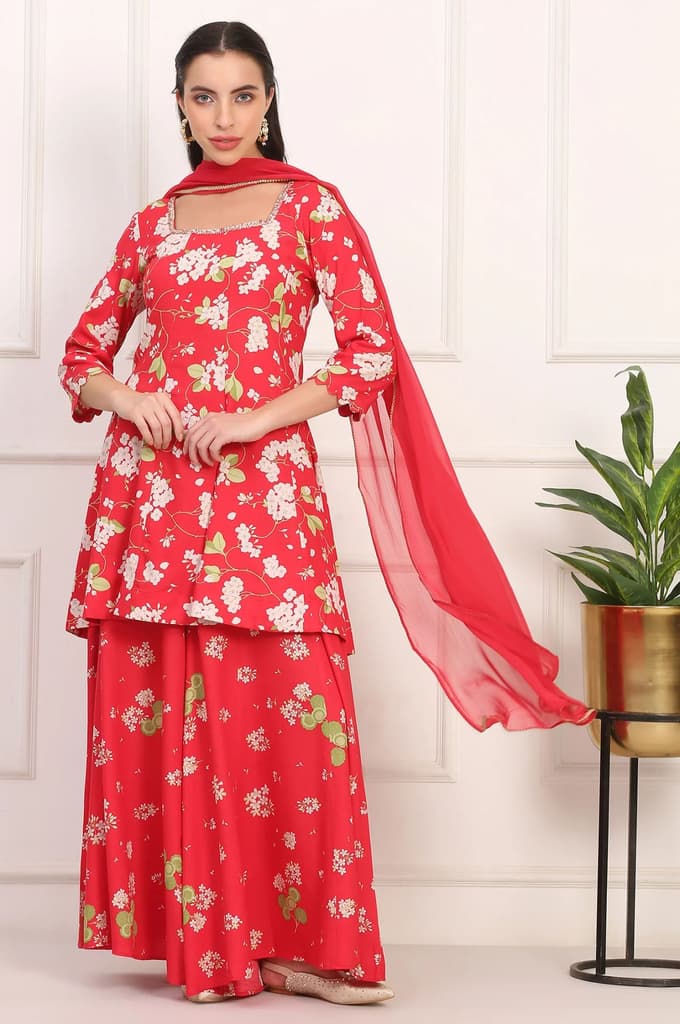 Red Floral Printed Embellished Modal Flared Short Kurta, Flared Pant and Dupatta Set — XS