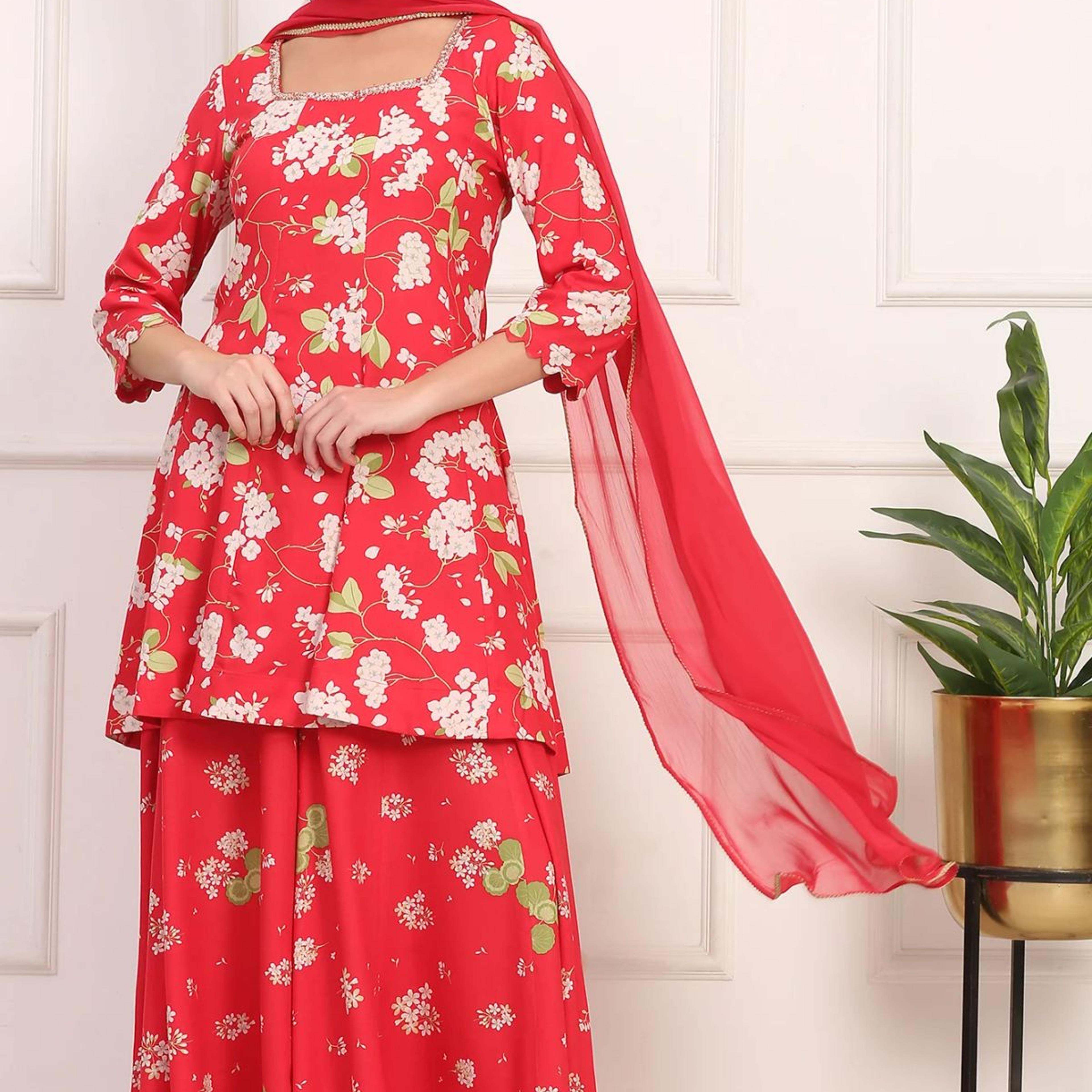Red Floral Printed Embellished Modal Flared Short Kurta, Flared Pant and Dupatta Set
