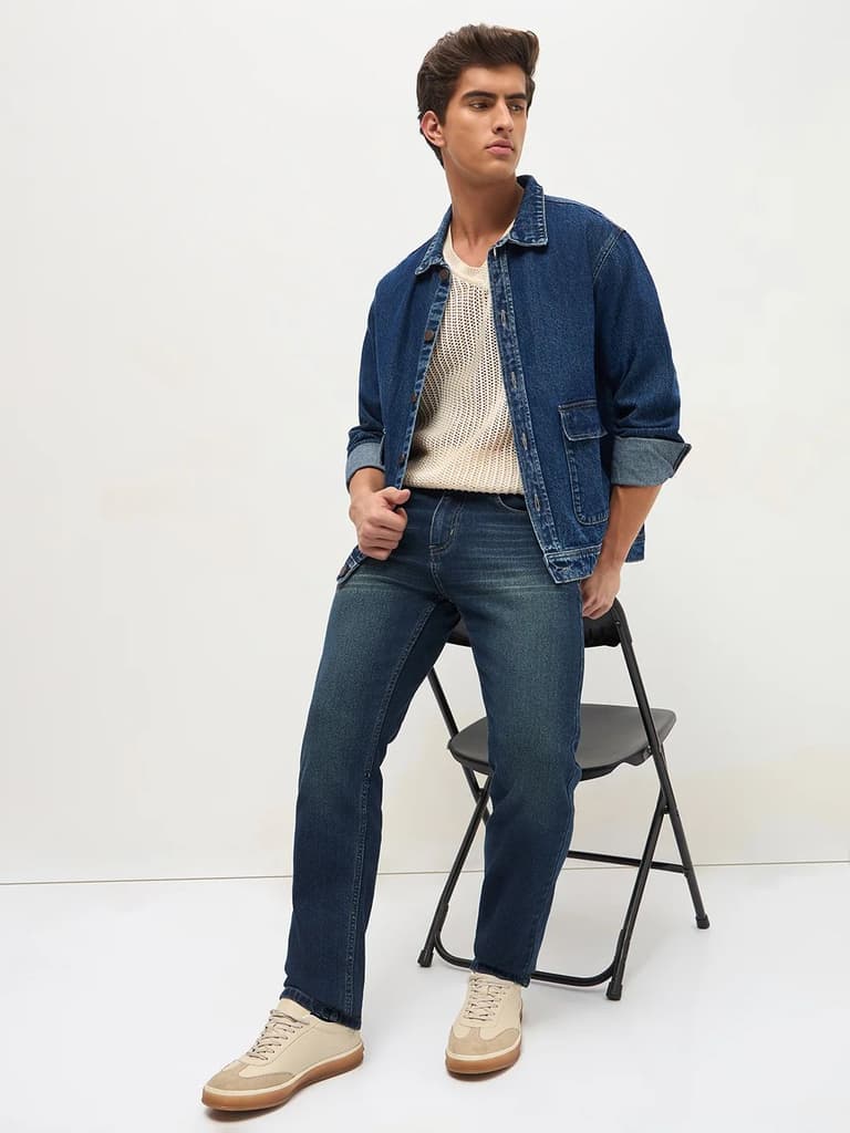 Men's Blue Regular Fit Whisker Wash Yellow Tint Denim Jeans Stretchable — photo 6